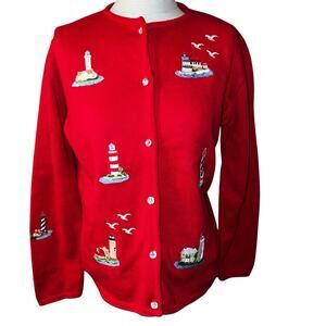 Vintage Women's Tia beach Lighthouse red button up  cotton sweater size small